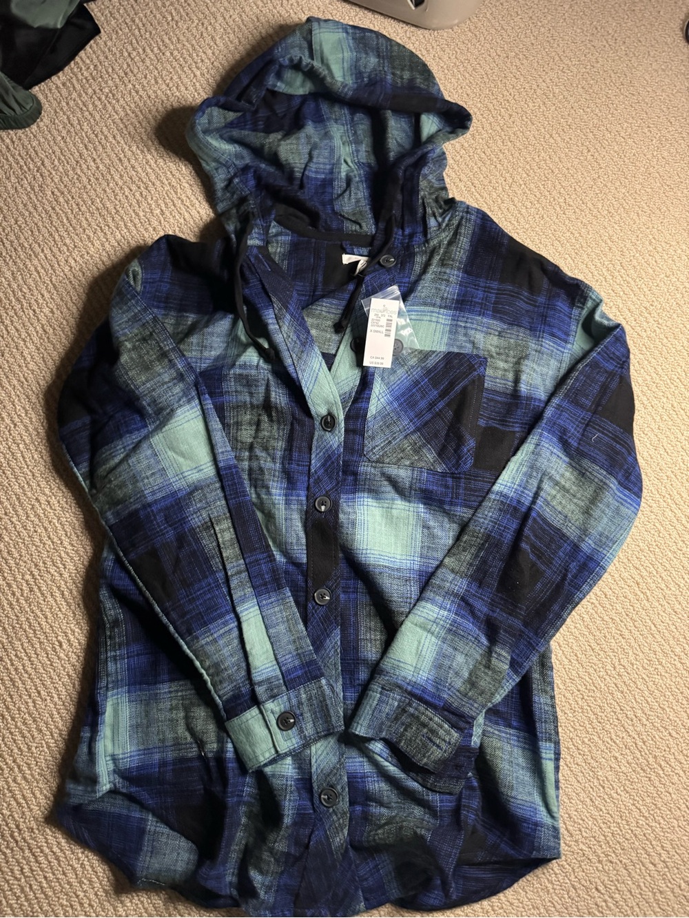 Maurice’s Oversized XS Blue Plaid Hooded Flannel Shirt Jacket